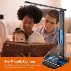 Wireless Charger Pad USB Fast Charging Station LED Desk Lamp Temperature Alarm Clock Eye Protect Study Business Light Table Lamp