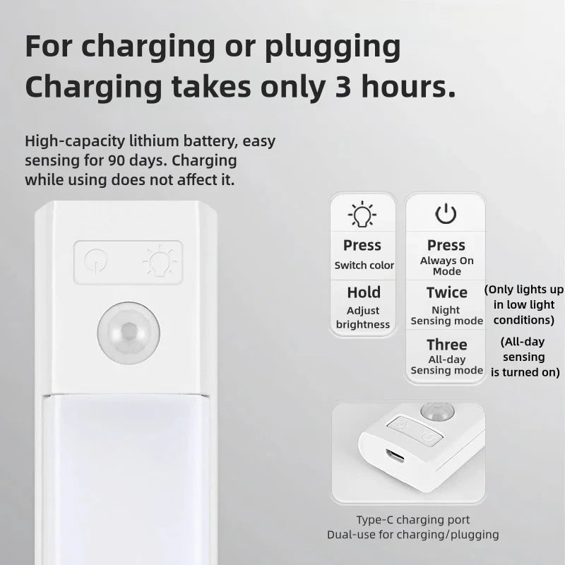 10-50cm LED Motion Sensor Light Night Wireless Lamp USB Battery Rechargeable Wall Under Cabinet For Bedroom Kitchen Lighting