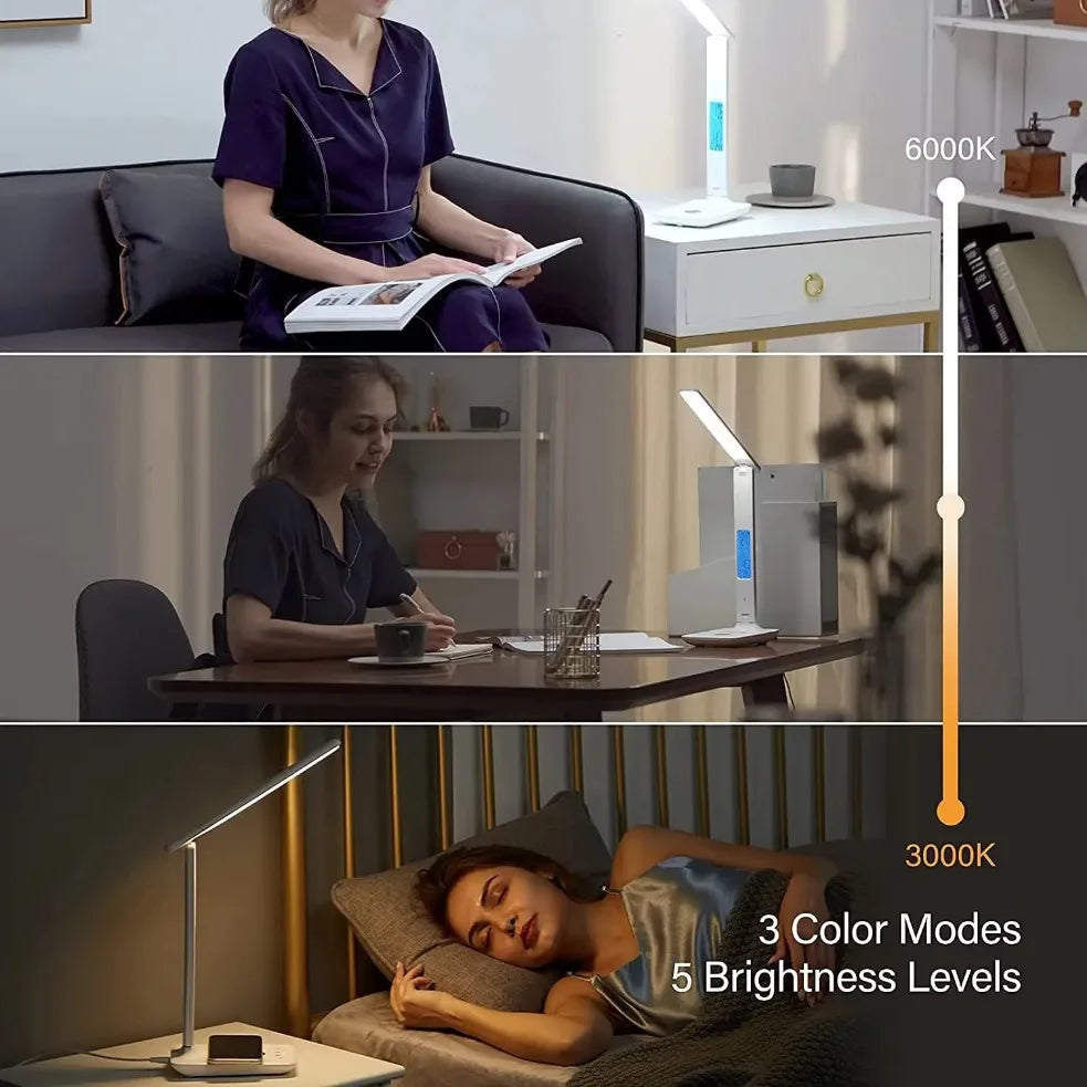 Wireless Charger Pad USB Fast Charging Station LED Desk Lamp Temperature Alarm Clock Eye Protect Study Business Light Table Lamp