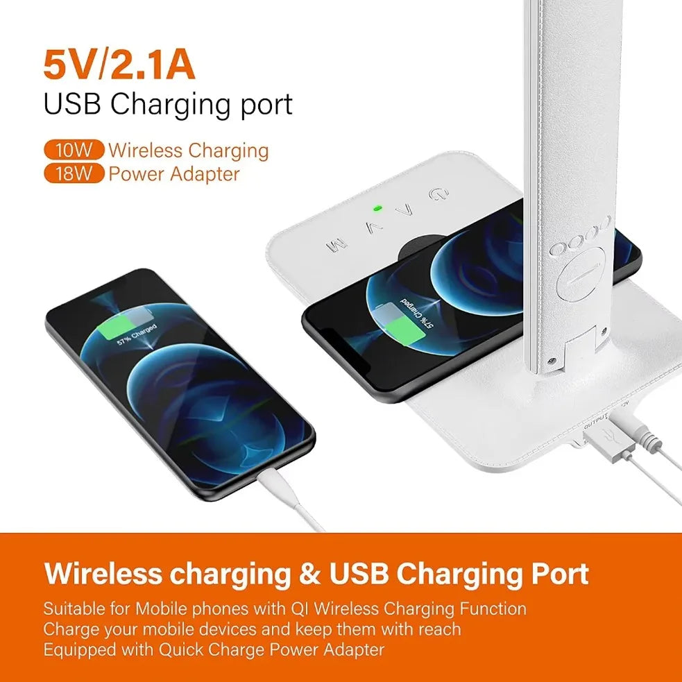 Wireless Charger Pad USB Fast Charging Station LED Desk Lamp Temperature Alarm Clock Eye Protect Study Business Light Table Lamp
