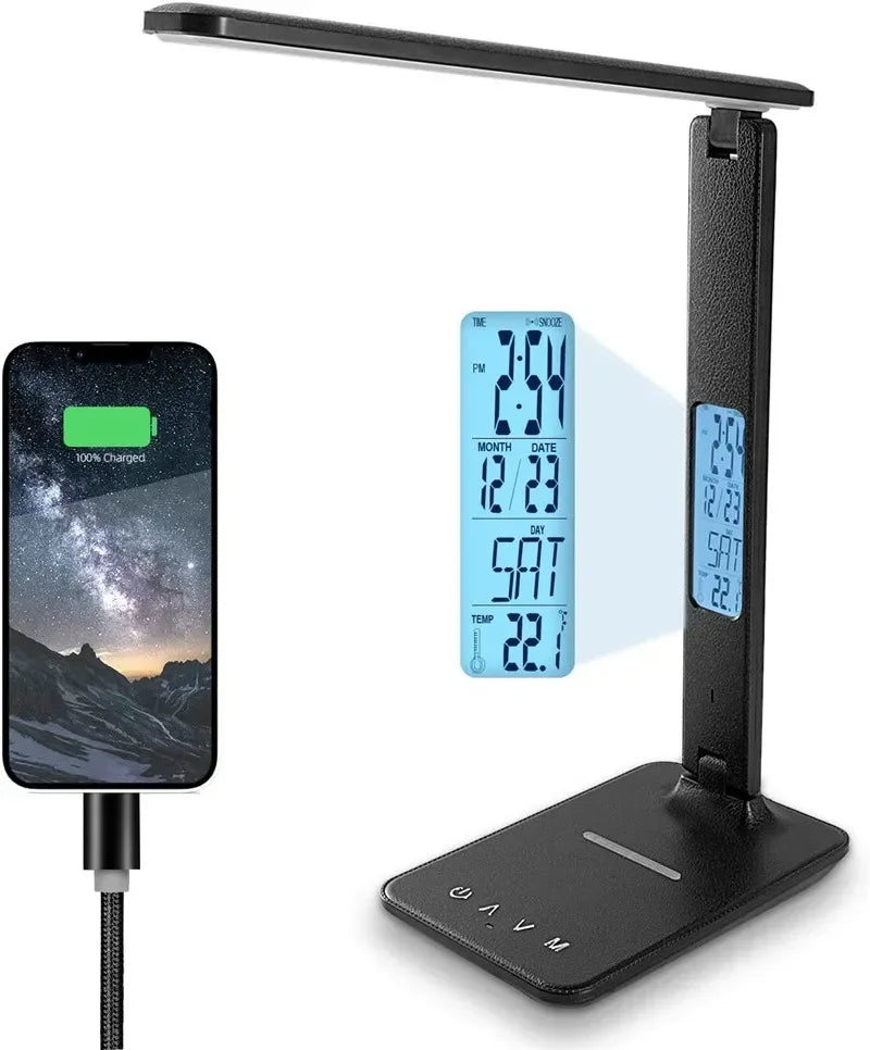 Wireless Charger Pad USB Fast Charging Station LED Desk Lamp Temperature Alarm Clock Eye Protect Study Business Light Table Lamp