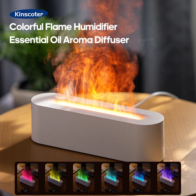 KINSCOTER Realistic Colorful Flame Aromatherapy Diffuser Aroma Essential Oil 150ml USB Air Humidifie Purifier Air Freshener