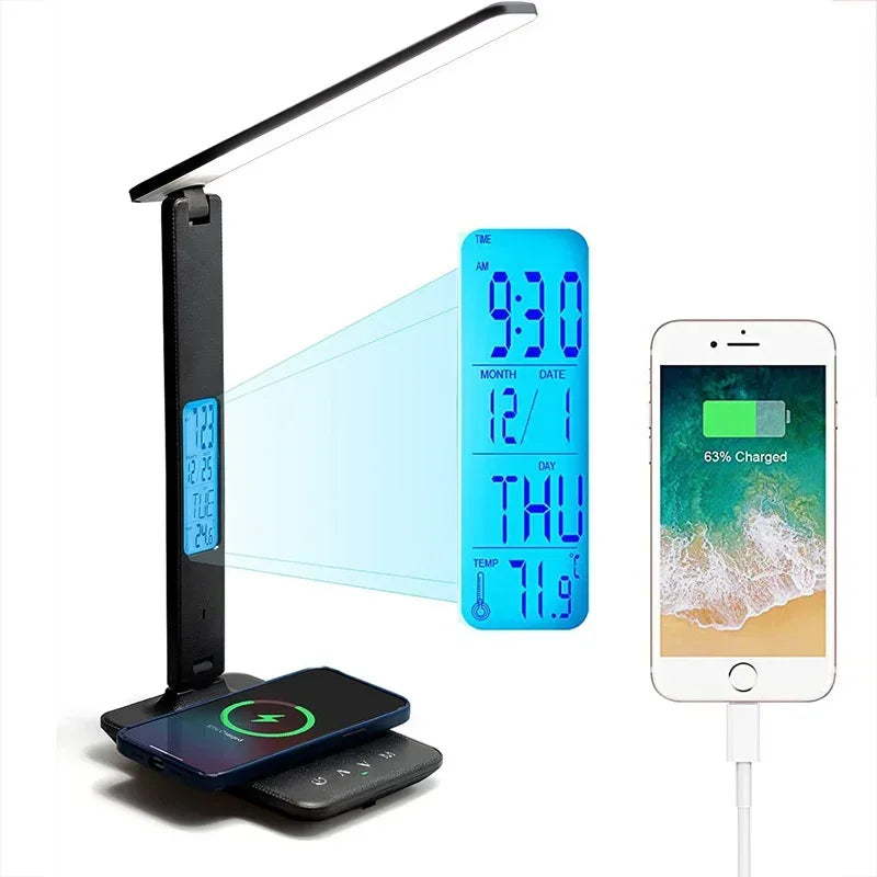 Wireless Charger Pad USB Fast Charging Station LED Desk Lamp Temperature Alarm Clock Eye Protect Study Business Light Table Lamp