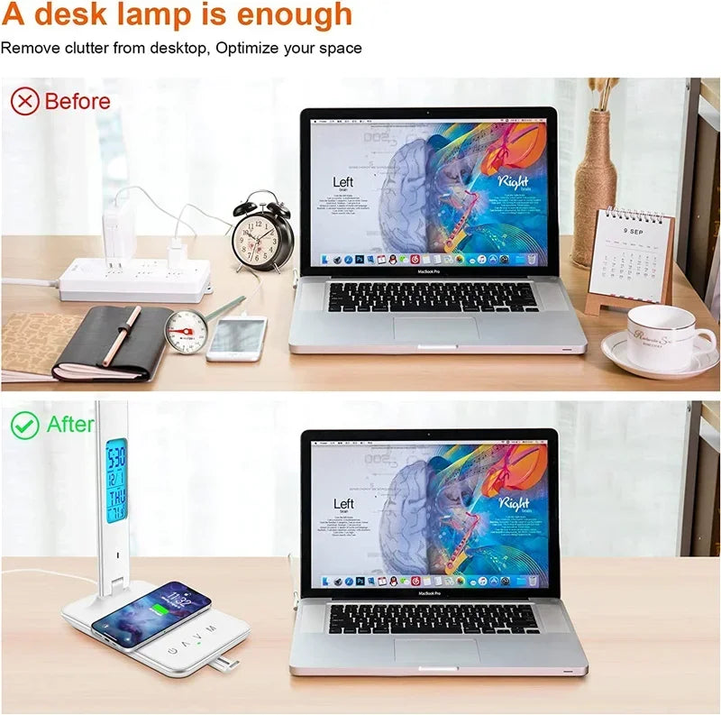 Wireless Charger Pad USB Fast Charging Station LED Desk Lamp Temperature Alarm Clock Eye Protect Study Business Light Table Lamp