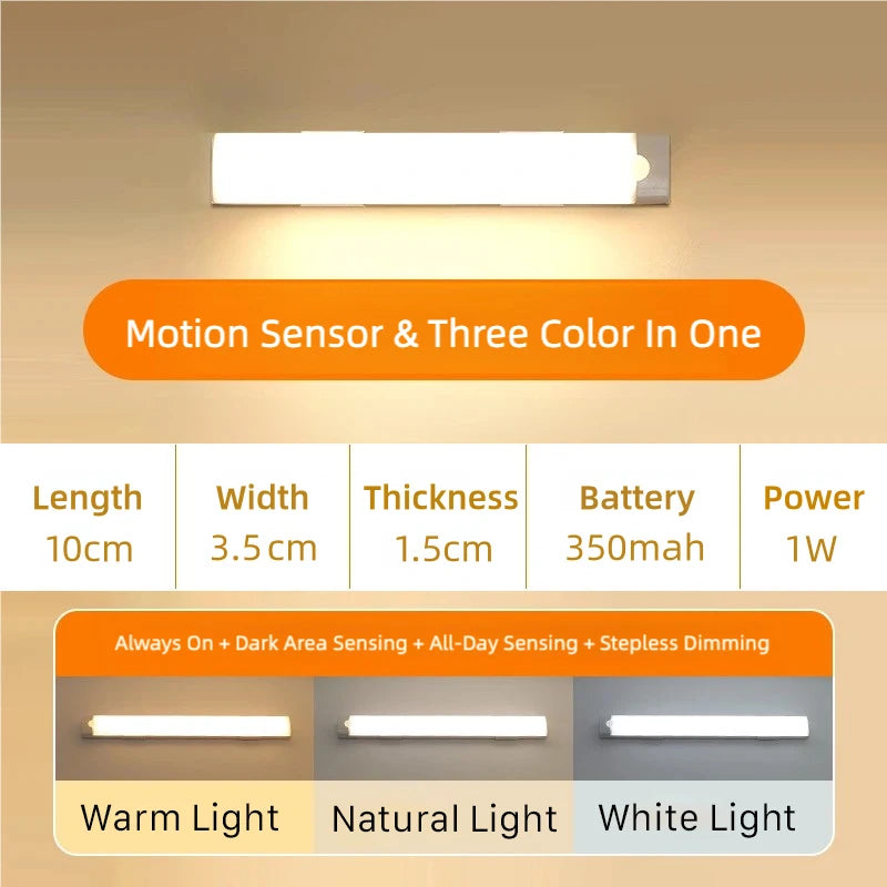 10-50cm LED Motion Sensor Light Night Wireless Lamp USB Battery Rechargeable Wall Under Cabinet For Bedroom Kitchen Lighting