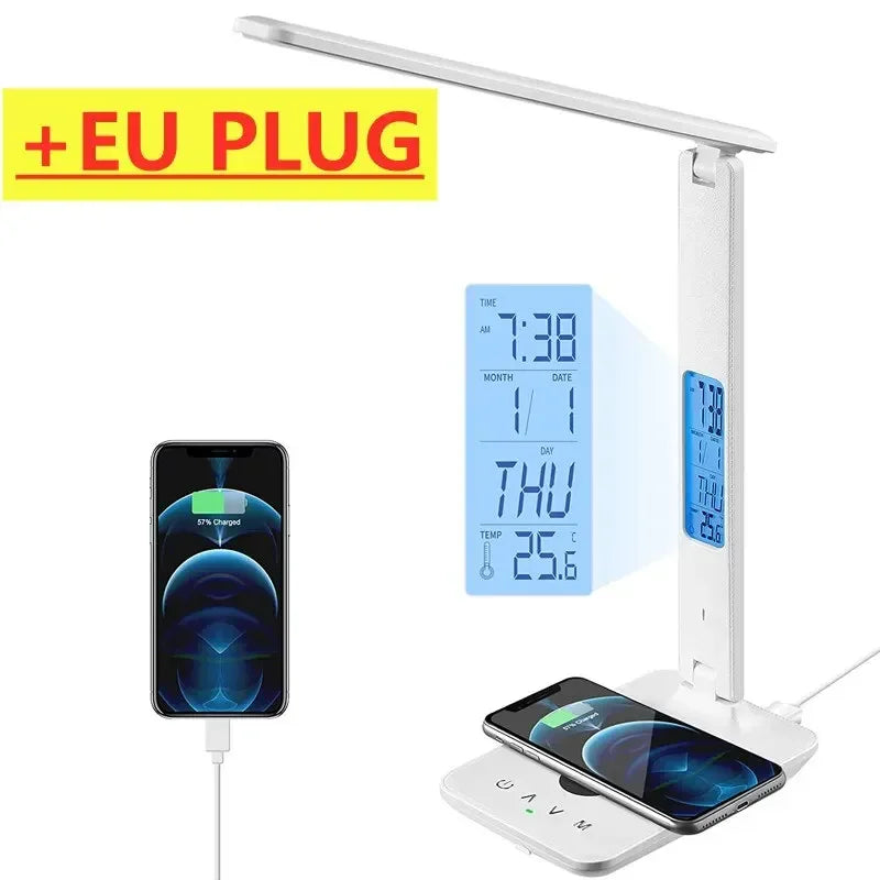 Wireless Charger Pad USB Fast Charging Station LED Desk Lamp Temperature Alarm Clock Eye Protect Study Business Light Table Lamp
