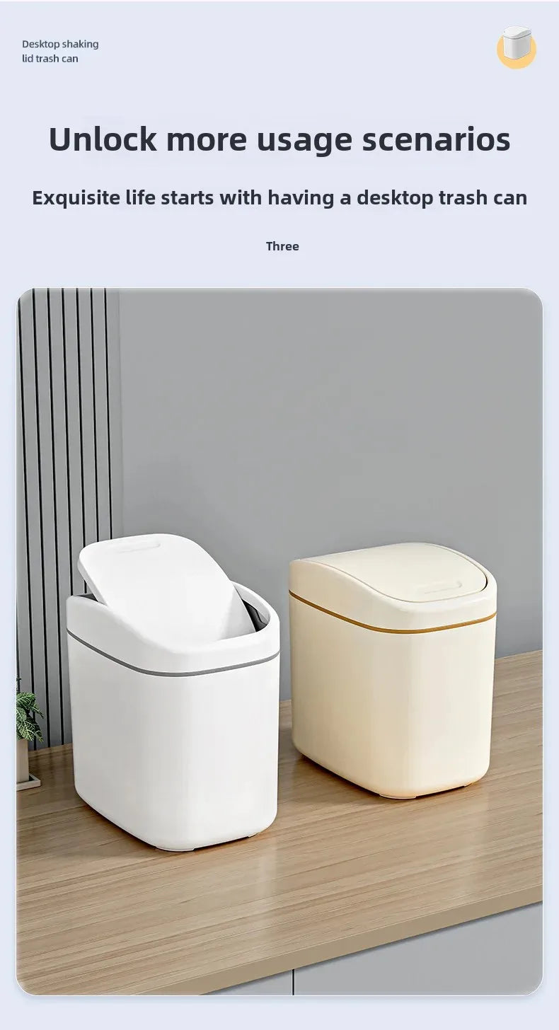 Desktop Trash Can Small Mini Garbage Can Plastic Dustbin with Shake Cover for Home Office Waste Bins Household Cleaning