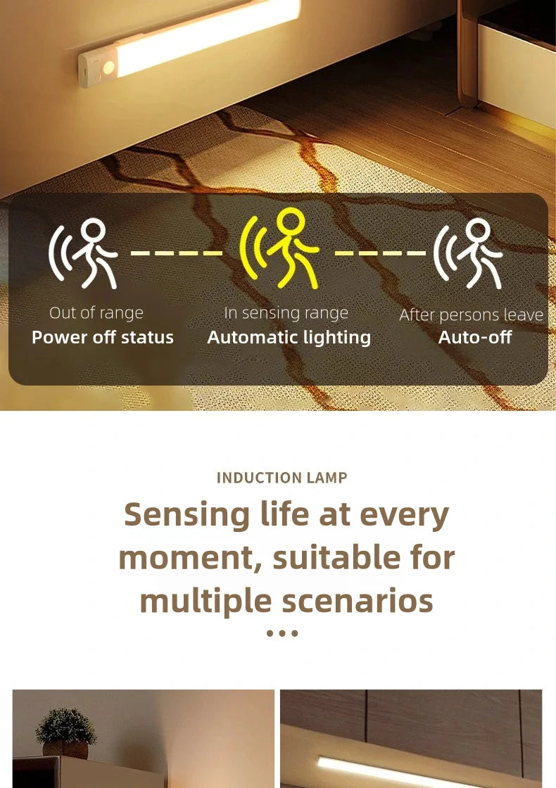 10-50cm LED Motion Sensor Light Night Wireless Lamp USB Battery Rechargeable Wall Under Cabinet For Bedroom Kitchen Lighting